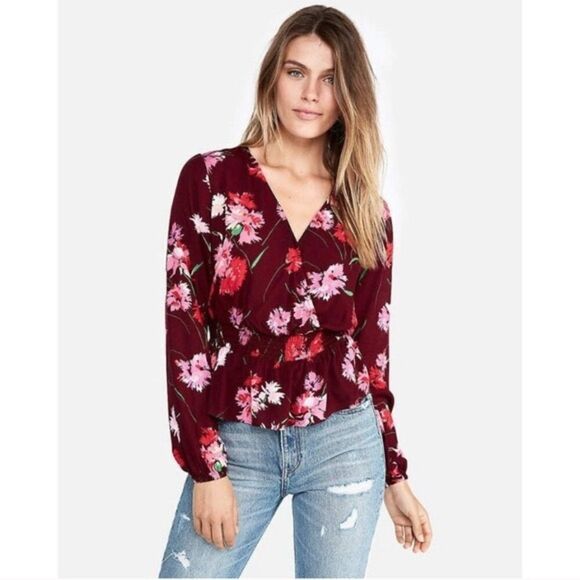✨ Express Maroon Smocked Waist Surplice Blouse✨ - Picture 1 of 3